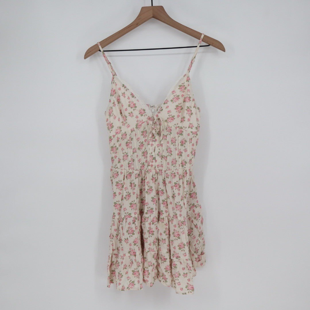 Sky to Moon Floral Print Mini Dress Lace Trim Tie Front L