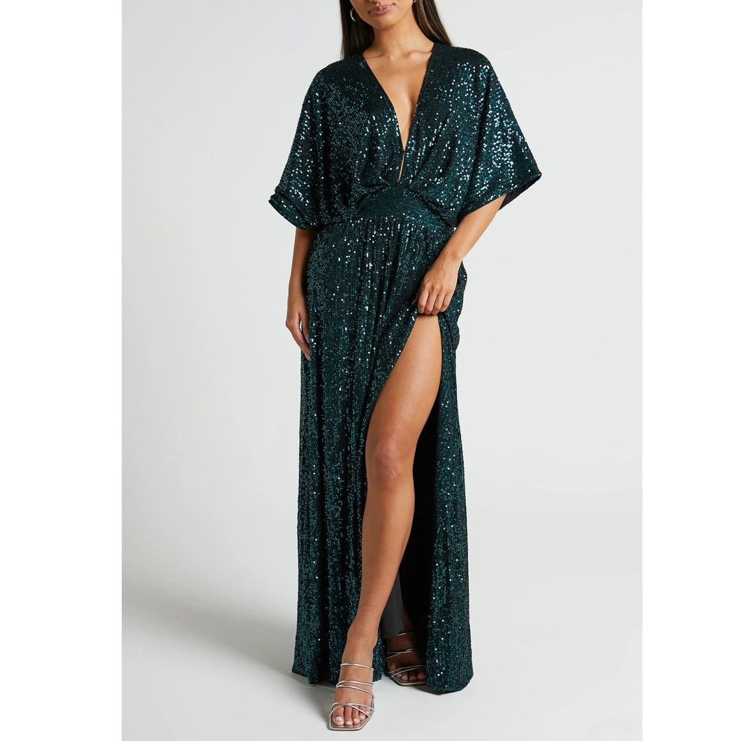 Showpo Miyah Maxi Dress Emerald Green Sequin Plunge Open Back Size 12 SD23080045
