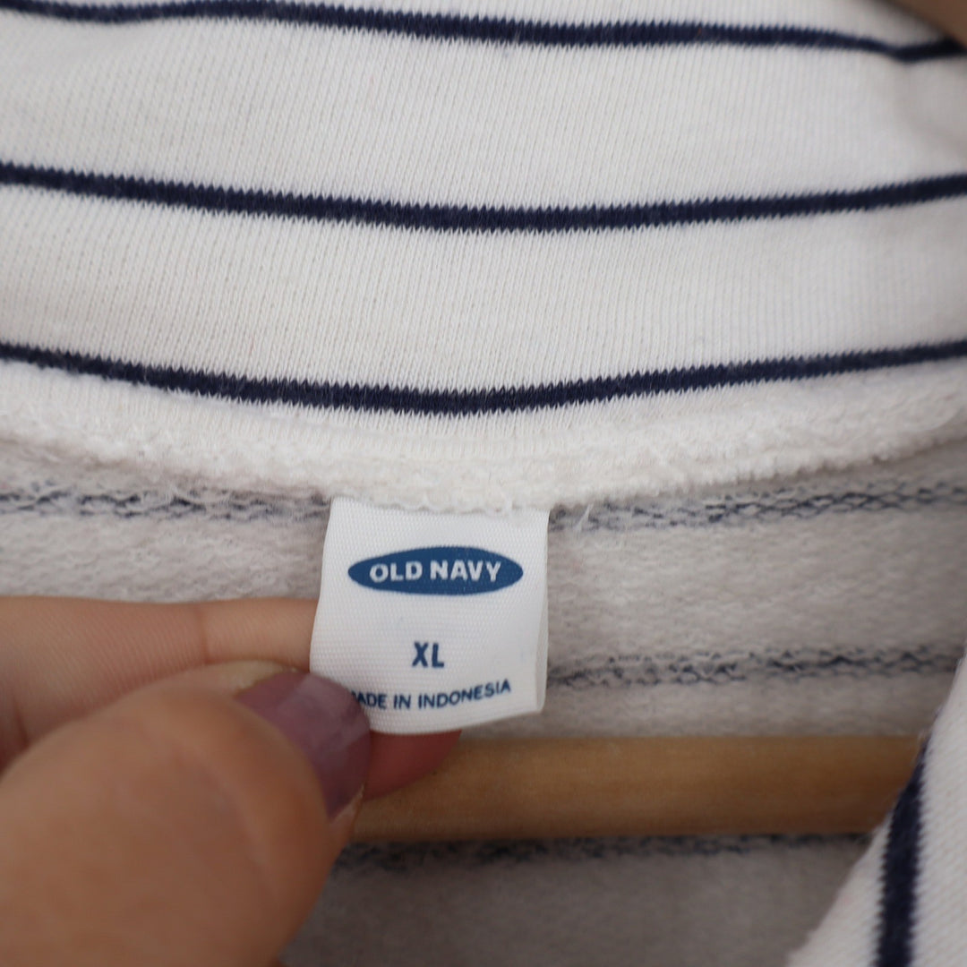 Old Navy Womens XL Striped Quarter Zip Pullover Sweatshirt White Navy Blue