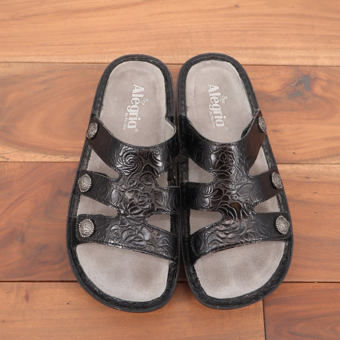 Alegria Venice Black Embossed Rose Leather Slide Sandals VEN-871 Size 38