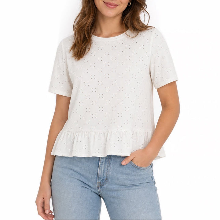 White Eyelet Lace Peplum Top Short Sleeve Ruffle Hem Blouse XXL