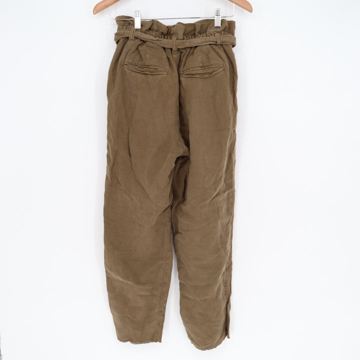 Aerie Olive Brown Linen Blend Paperbag Waist Pants Small High Rise Tie Belt