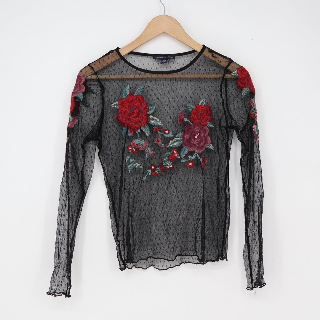 American Eagle Top Womens S Mesh Floral Embroidered Black Sheer Excellent