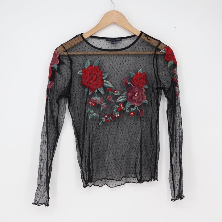American Eagle Top Womens S Mesh Floral Embroidered Black Sheer Excellent