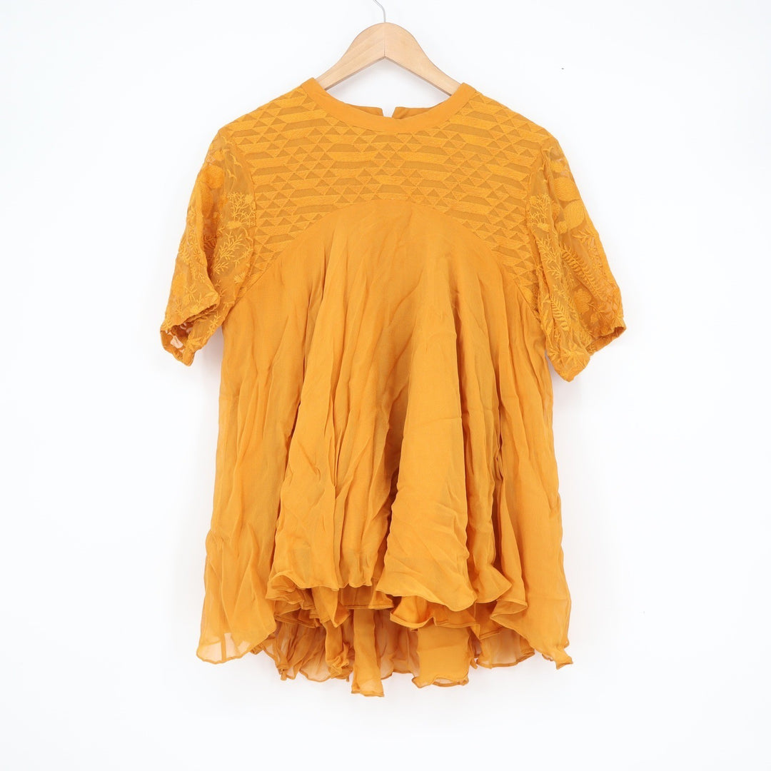 Varun & Nidhika Mustard Yellow Embroidered Babydoll Top Short Sleeve Size M