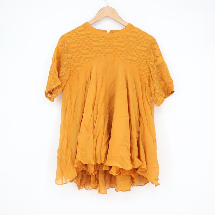 Varun & Nidhika Mustard Yellow Embroidered Babydoll Top Short Sleeve Size M