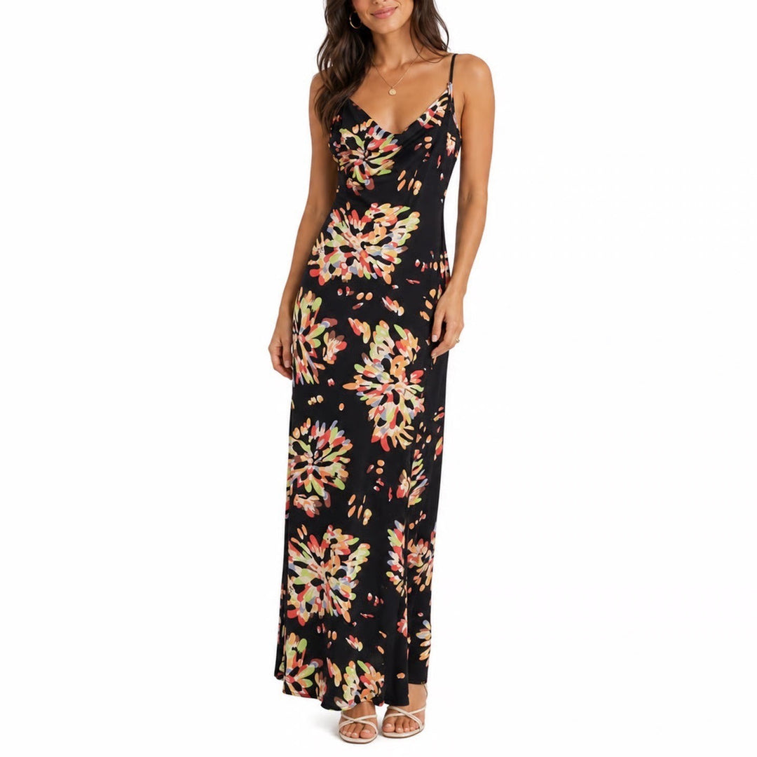 Black Floral Burst Cowl Neck Maxi Dress Sleeveless Spaghetti Strap Large