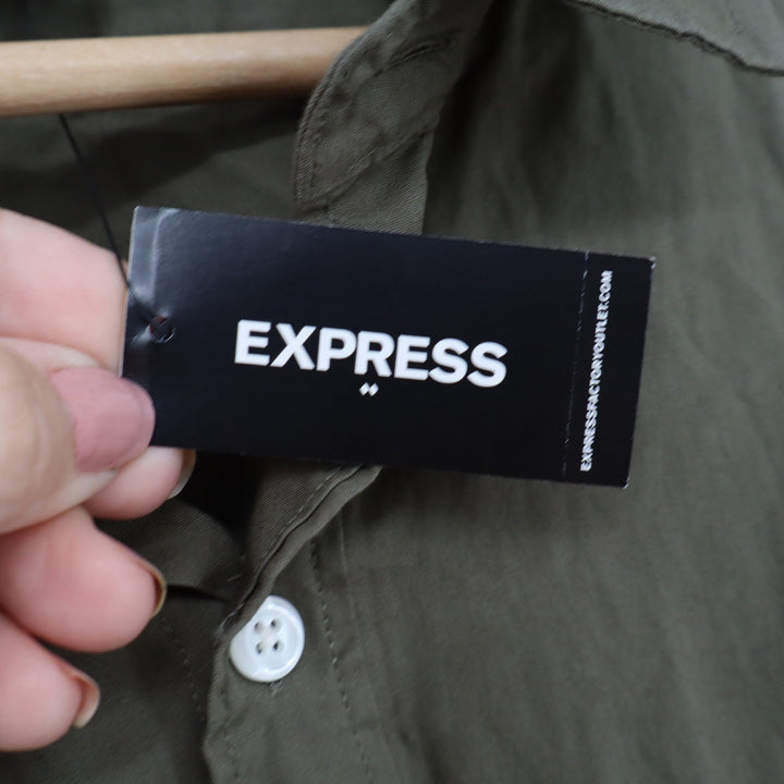 Express Mens Olive Green Cotton Utility Button Down Shirt XXL  NEW