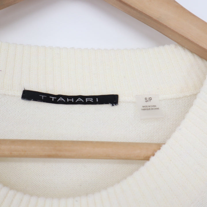 T Tahari Womens Geometric Colorblock Crew Neck Sweater Pink Cream Black Small
