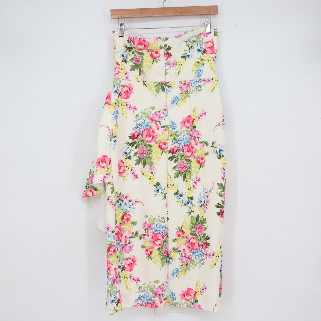 ASOS Floral Strapless Midi Dress Cream Pink Yellow Ruffle Wrap Size 8 NEW