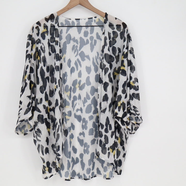 Kimono Cardigan Womens White Black Leopard Print Sheer Open Front Long Sleeve