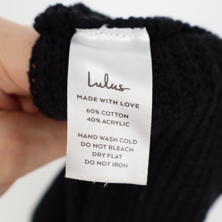 Lulu's Crop Sweater Womens Black Cotton Knit Ribbed Knotted Front Bell Sleeve