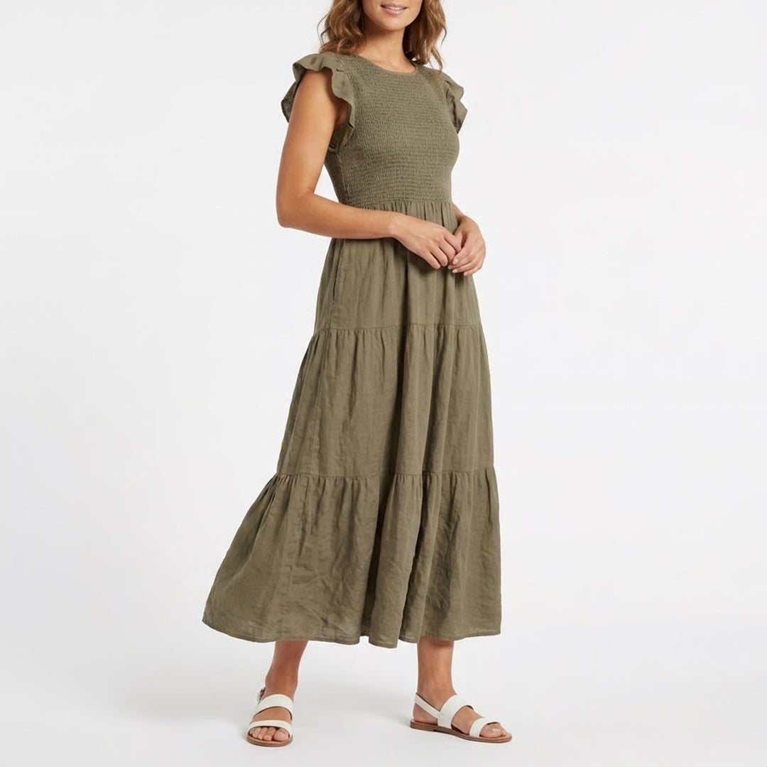 ZESICA Smocked Flutter Sleeve Tiered Maxi Dress Olive Green Large