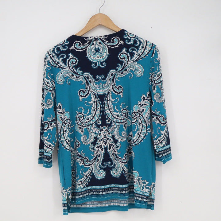 JM Collection Petite Teal Navy Paisley 3/4 Sleeve V-Neck Tunic Blouse