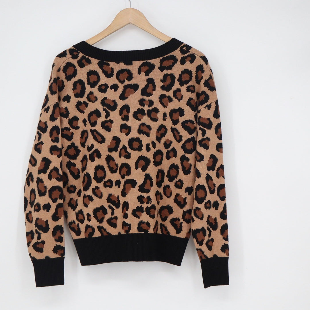 Tahari Womens Leopard Print V-Neck Sweater Tan Black Long Sleeve Knit Size M