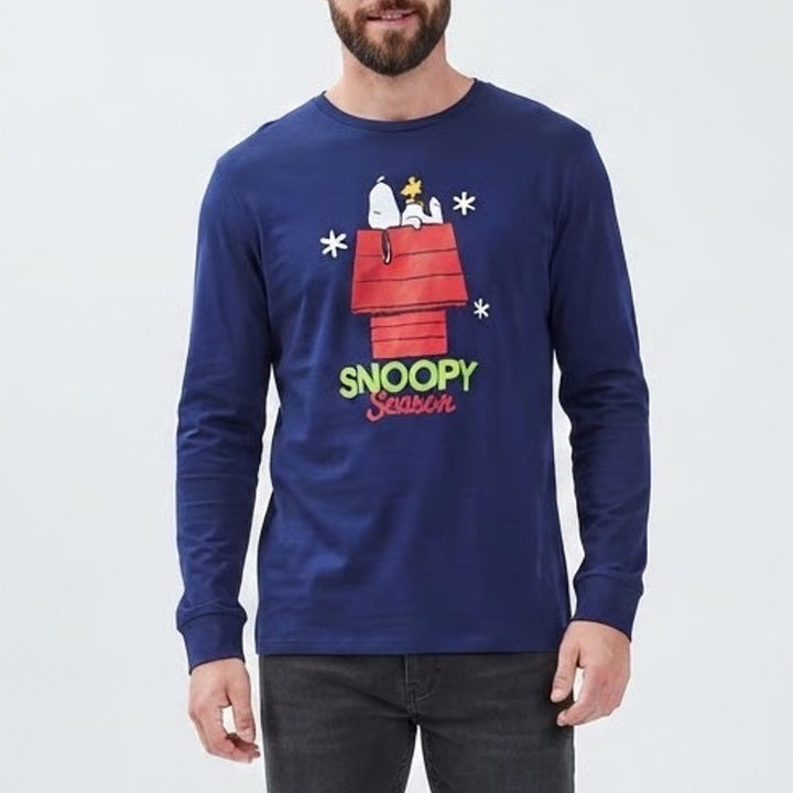 Peanuts Snoopy Season Navy Blue Long Sleeve Graphic Tee Shirt Small
