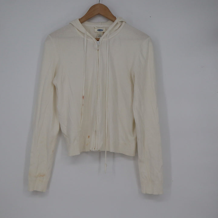 Old Navy Womens White Cotton Blend Full Zip Knit Hoodie Size L 10608