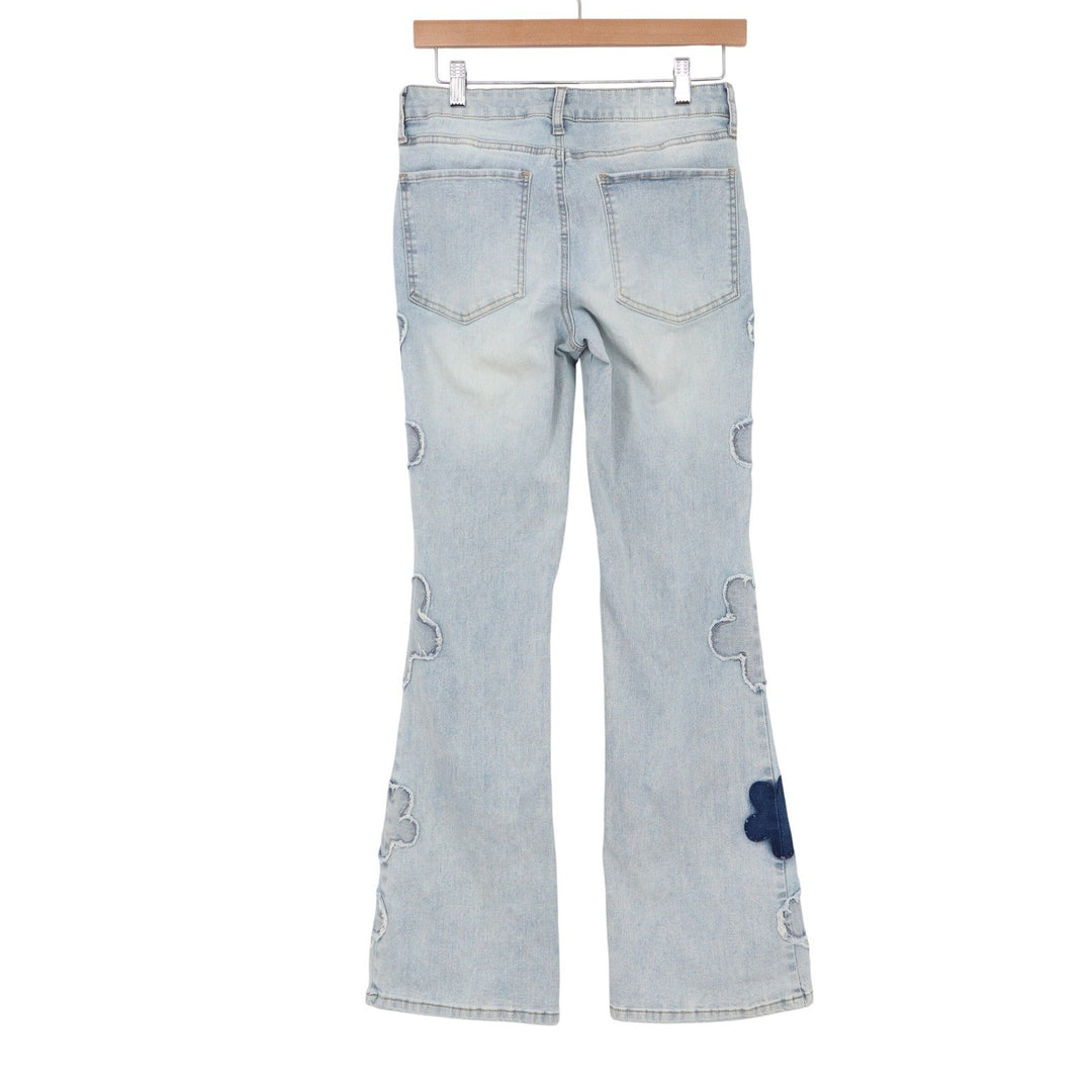 Ashley Mason Premium Floral Applique Flare Jeans Light Wash Blue Size 5/27