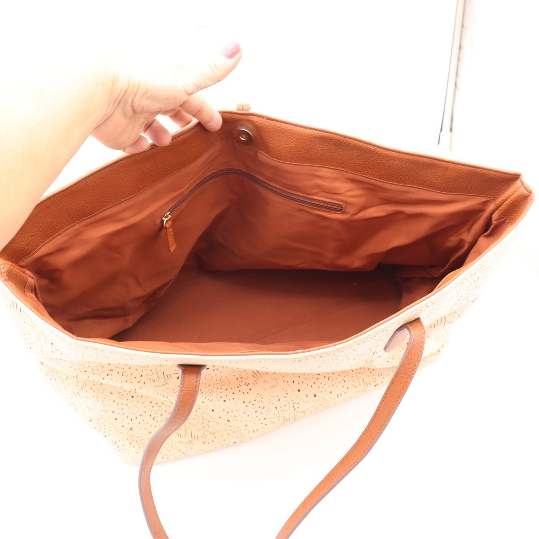 Ulta Beauty Peach Laser Cut Floral Tote Bag Tassel Charm Boho Large Carryall