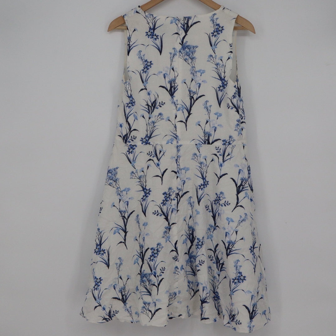 CeCe White Blue Floral Swiss Dot Pintuck V-Neck Sleeveless Cotton Dress Size 12