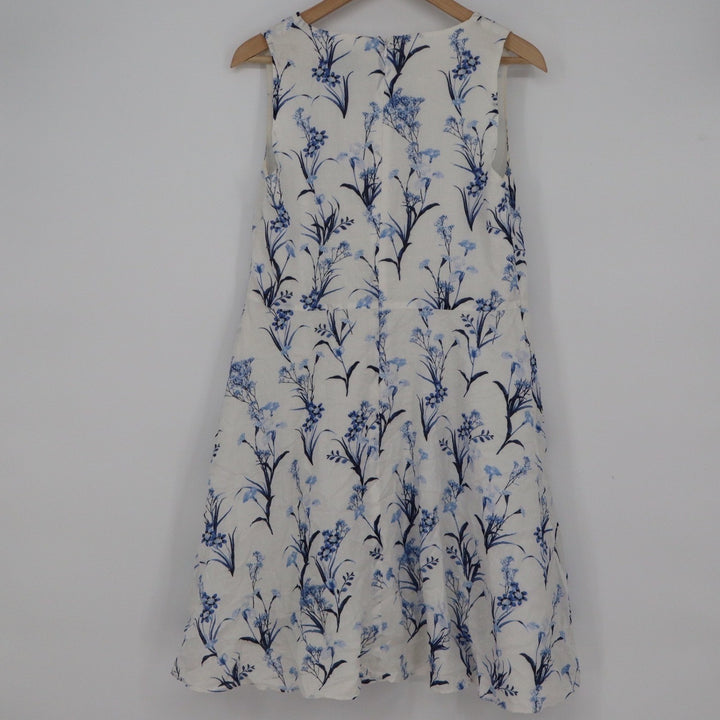 CeCe White Blue Floral Swiss Dot Pintuck V-Neck Sleeveless Cotton Dress Size 12