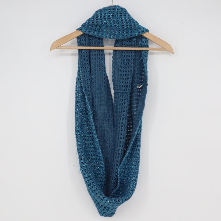 Tickled Pink Teal Blue Sequin Open Knit Crochet Infinity Scarf One Size Sparkle