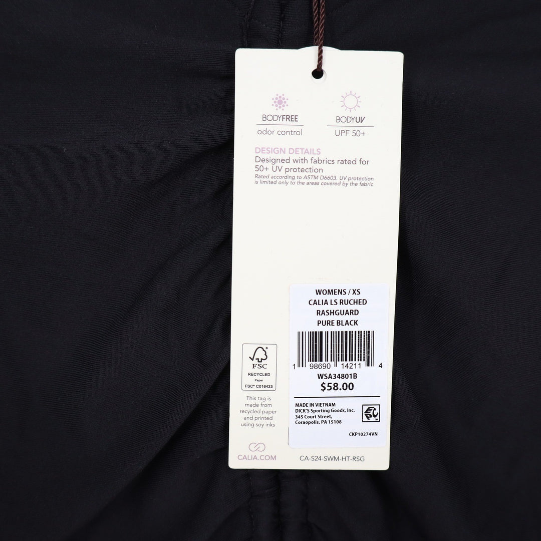 CALIA Womens LS Ruched Rashguard Pure Black UPF 50+ Swim Top XS