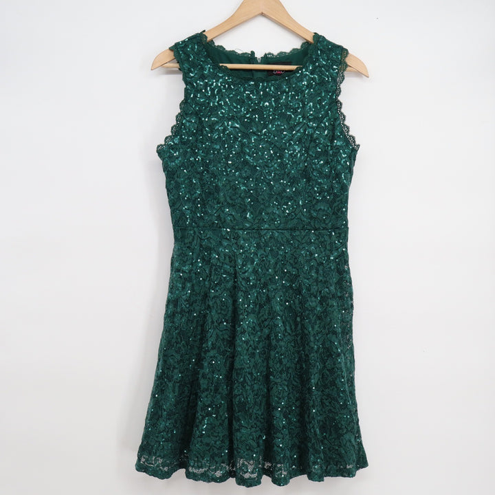 By & By Girl Green Sequin Lace Fit Flare Dress Sleeveless Sz 16.5 Junior Plus