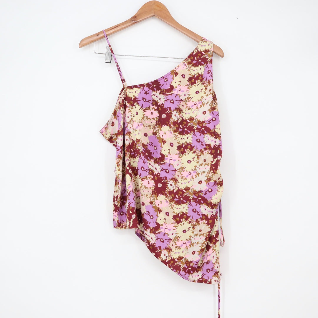 Open Edit Top Womens L Asymmetrical One Shoulder Floral Purple Side Cinch