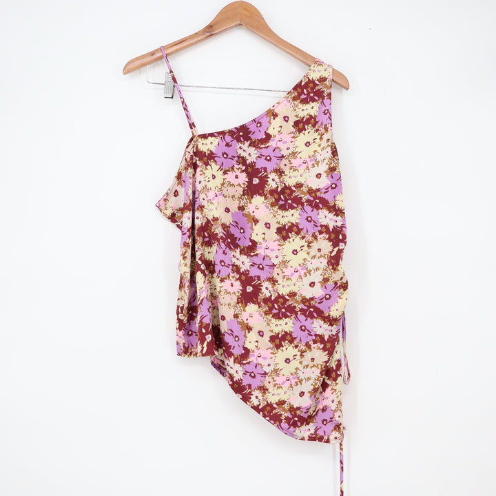 Open Edit Top Womens L Asymmetrical One Shoulder Floral Purple Side Cinch