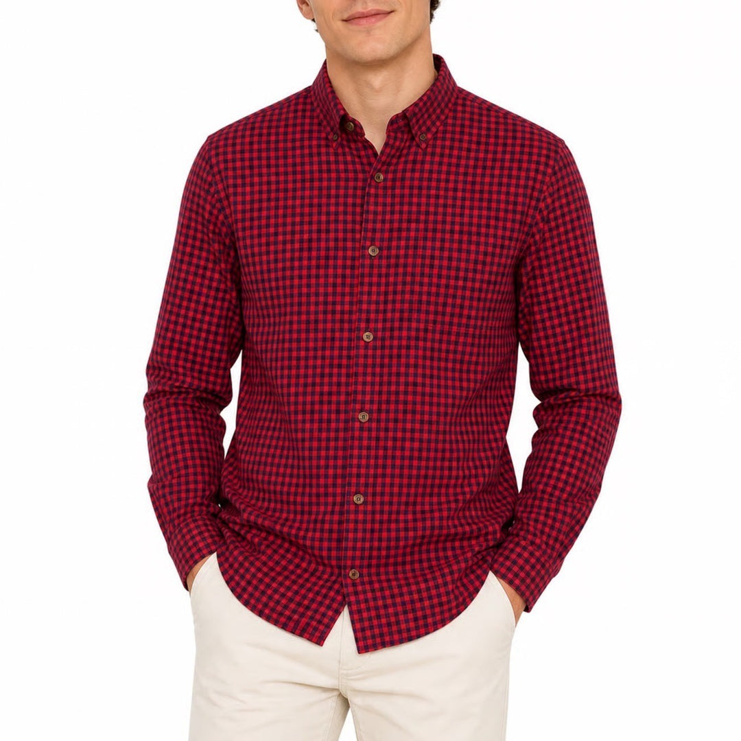 Old Navy Mens Large Red Navy Gingham Slim Fit Everyday Shirt Built-In Flex L