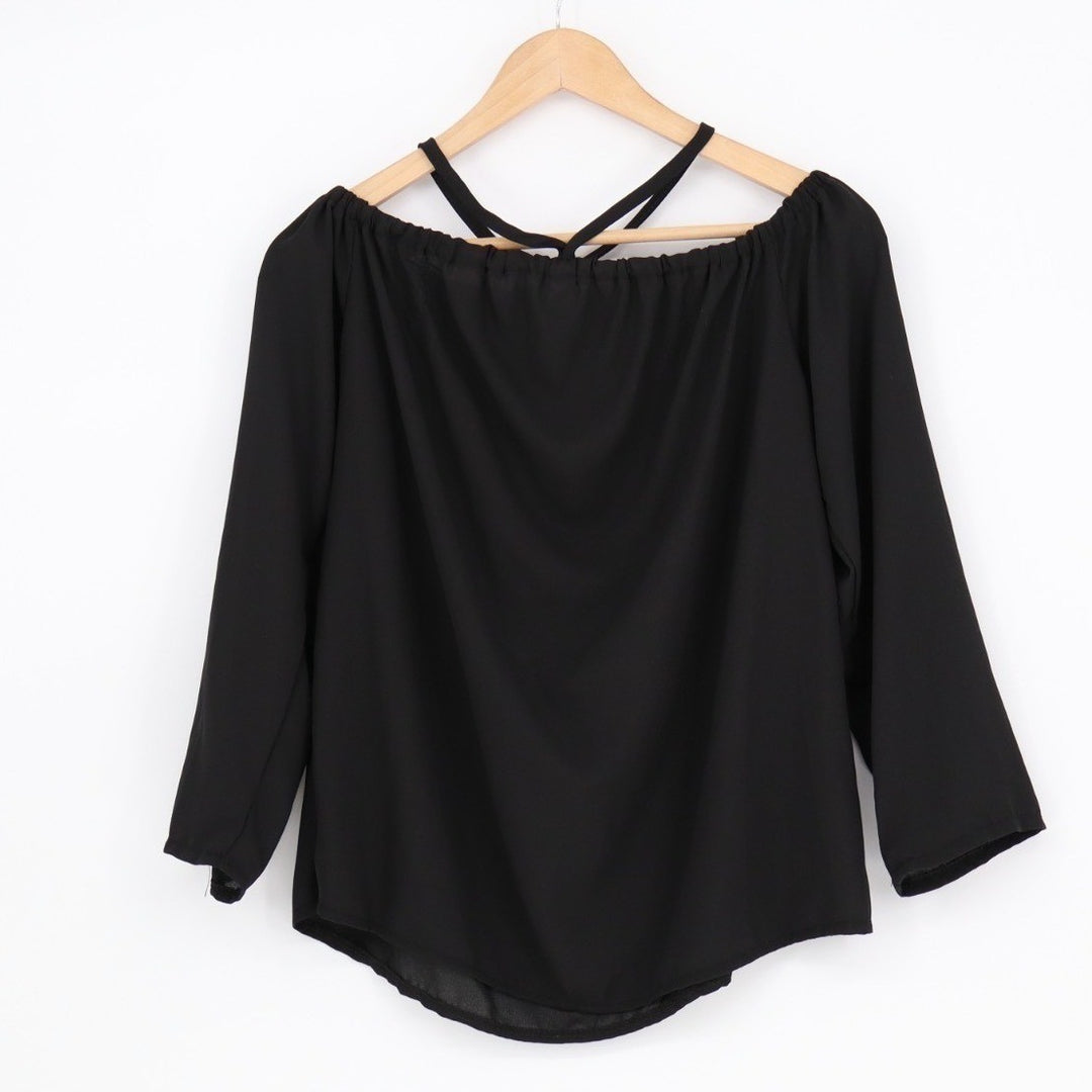 Tunic Top Womens Medium Black Pleated Off-The-Shoulder Strappy Pullover