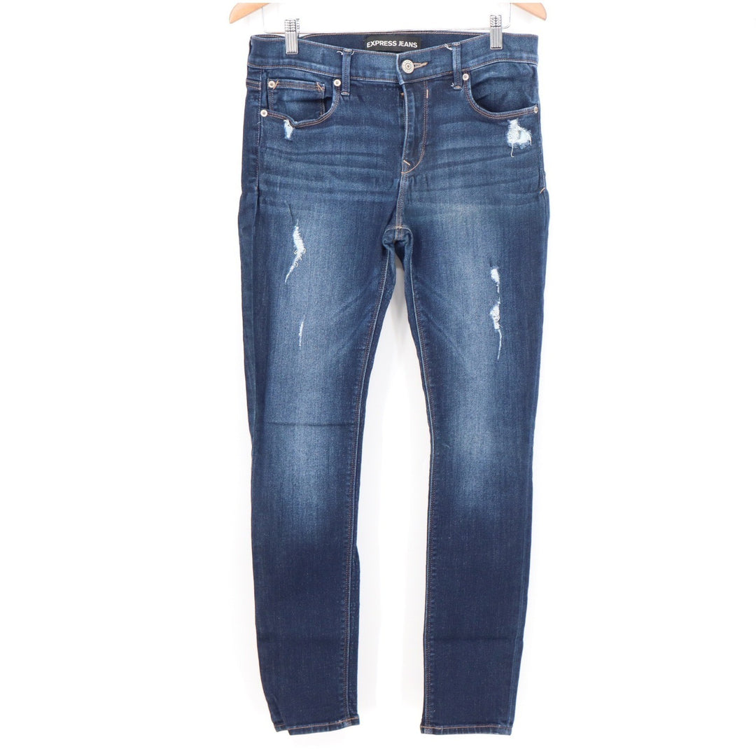 Express Jeans Womens Size 10R Dark Wash Distressed Skinny Stretch Denim Blue