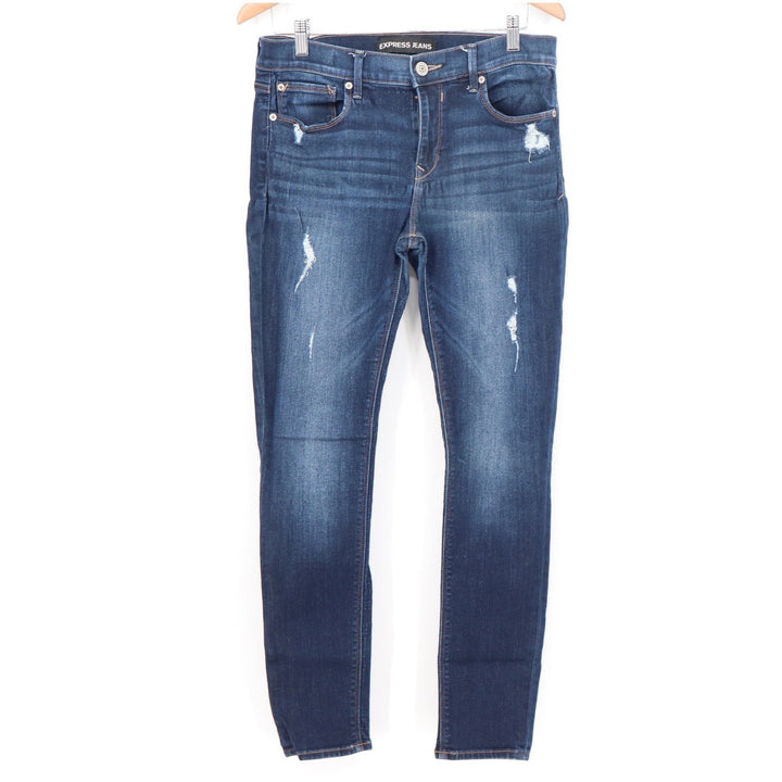Express Jeans Womens Size 10R Dark Wash Distressed Skinny Stretch Denim Blue