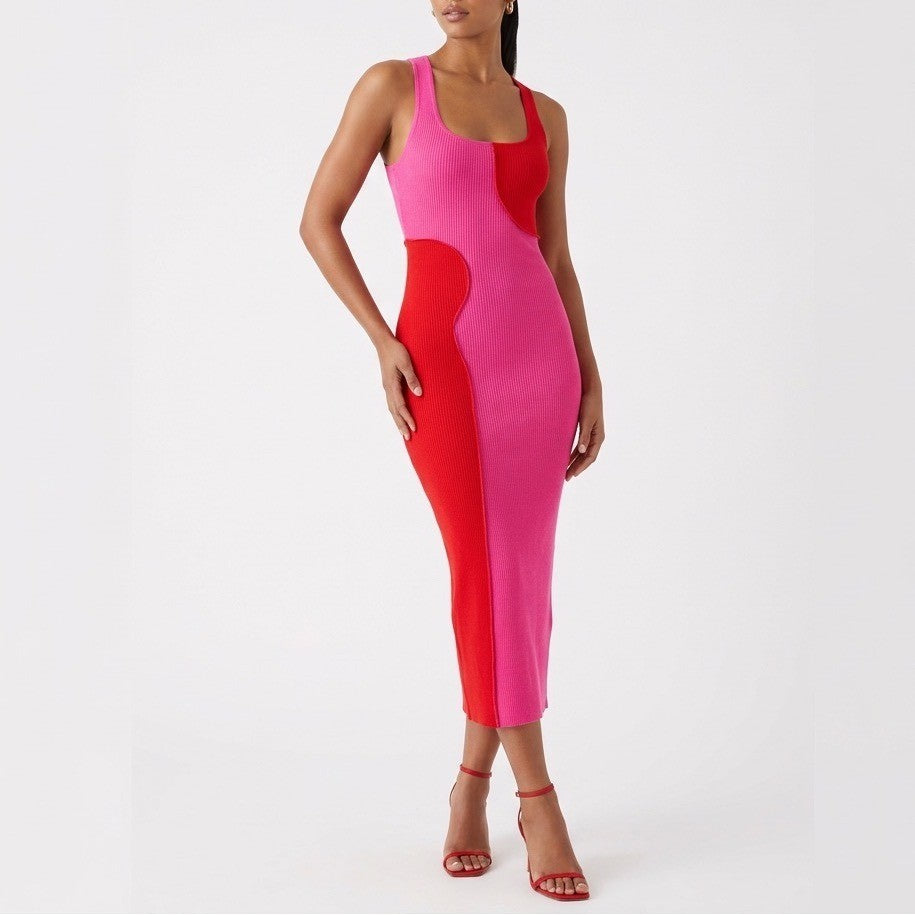 Naked Wardrobe Pink Red Colorblock Ribbed Racerback Midi Dress NW-D2400 Large