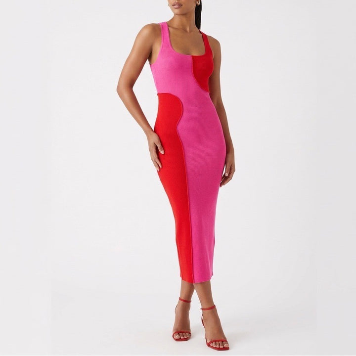 Naked Wardrobe Pink Red Colorblock Ribbed Racerback Midi Dress NW-D2400 Large