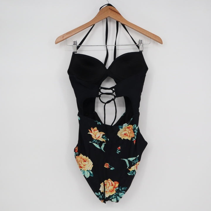 Cupshe One Piece Womens Small Black Floral Stretch Padded Halter Neck Swimsuit