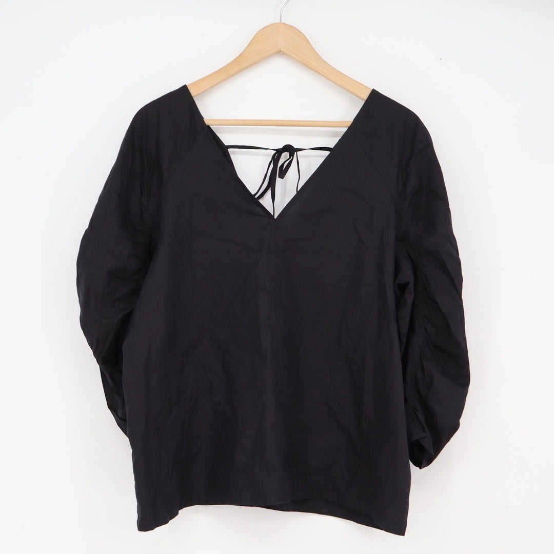 LOFT Blouse Women's L Black Puff Ruched Sleeve Tie Back New