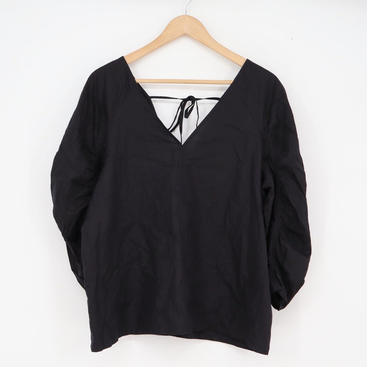LOFT Blouse Women's L Black Puff Ruched Sleeve Tie Back New