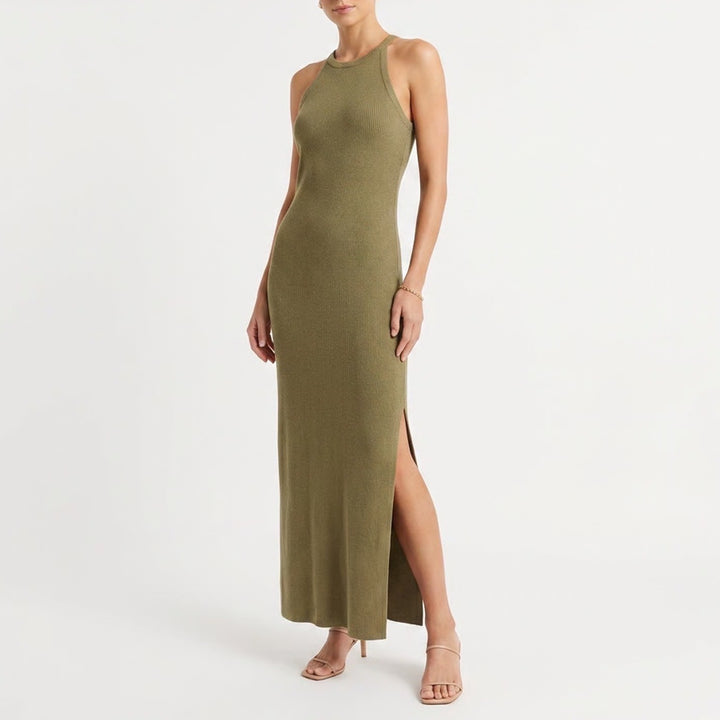 A New Day Olive Green Ribbed Knit Sleeveless Side Slit Maxi Dress Large