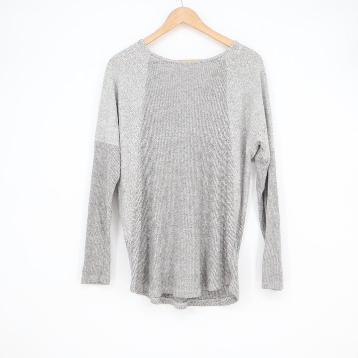 SO Womens Gray Ribbed Mixed Media Long Sleeve Top Strappy Back Size M