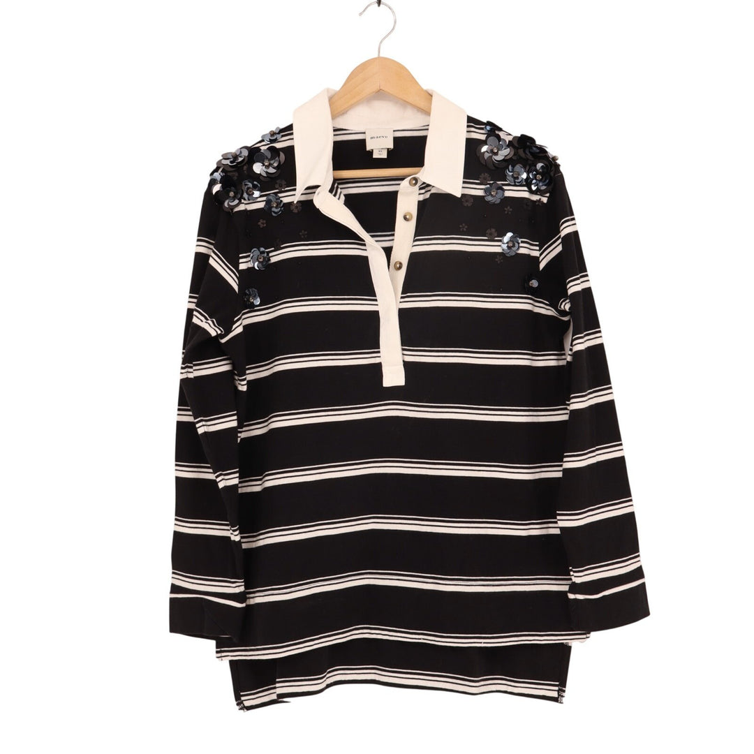 Anthropologie Maeve It Girl Polo Top Womens XS Black White Striped Sequin Rugby