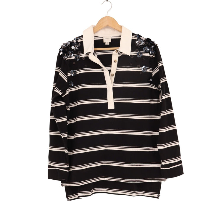 Anthropologie Maeve It Girl Polo Top Womens XS Black White Striped Sequin Rugby