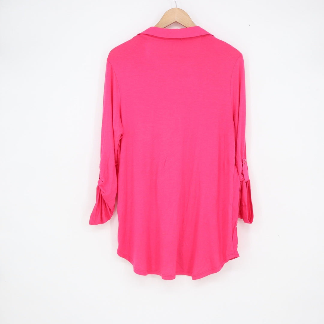 Pleione Hot Pink Roll Tab Sleeve Button Down Tunic Shirt Womens Large