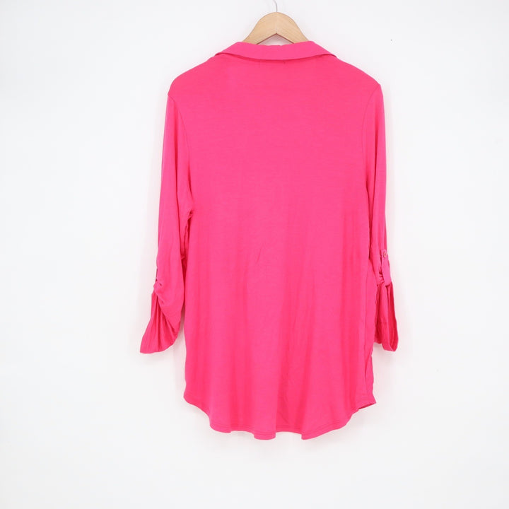 Pleione Hot Pink Roll Tab Sleeve Button Down Tunic Shirt Womens Large