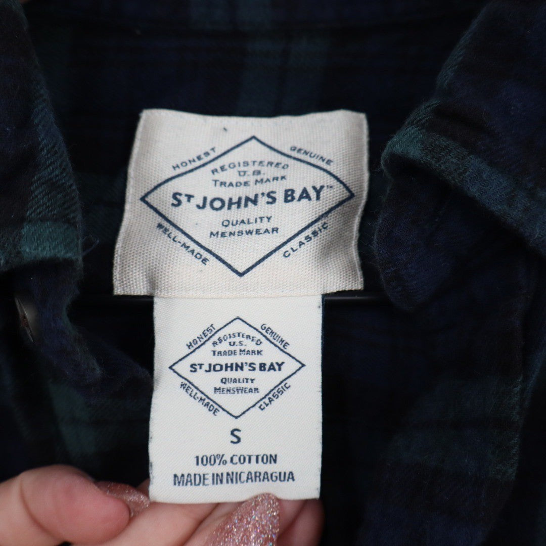St Johns Bay Mens Plaid Flannel Long Sleeve Button Down Shirt Size S Green Navy