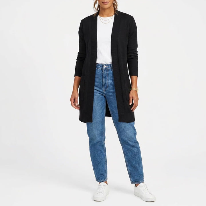 Young USA Womens Black Open Front Longline Cardigan Sweater Small Pockets Ribbed