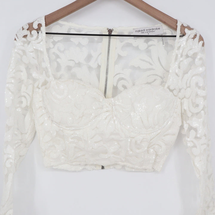 Naked Wardrobe White Sequin Lace Long Sleeve Crop Top Bustier Small
