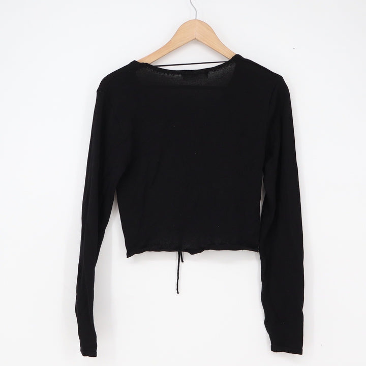 MNG Top Women M Cropped Cinch Front Black Long Sleeve V-Neck Ribbed Excellent