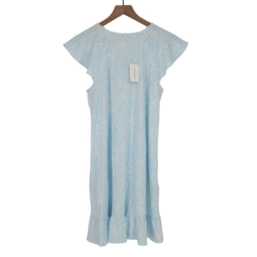 Charter Club Intimates Nightgown Womens Small Blue Floral Slit Neck Cap Sleeve